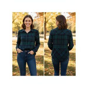 Papermoon Womens Green & Navy Plaid Button-Up Long Sleeve Shirt S
